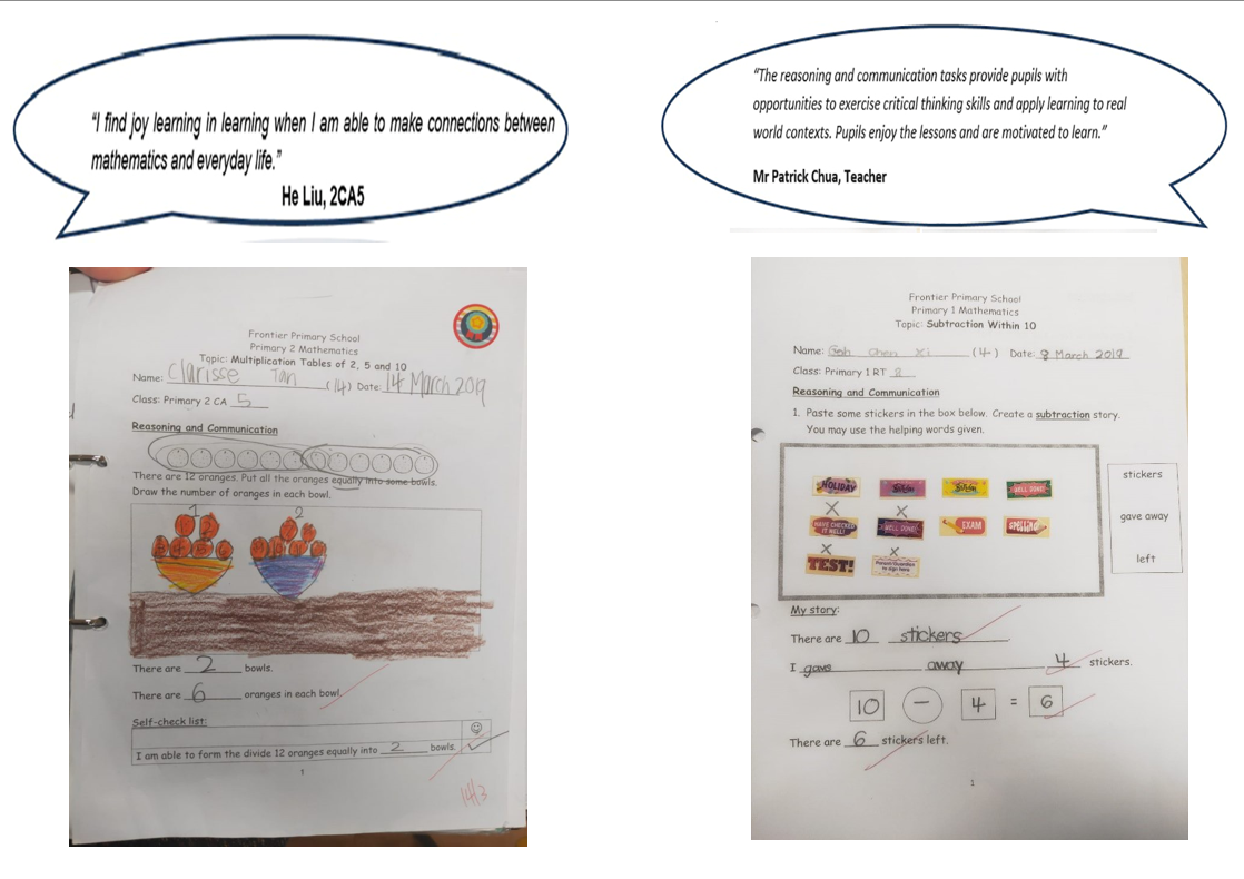 Examples of Primary 1 and Primary 2 Mathematics activities that develop reasoning and communication through real-world contexts. Students apply multiplication and subtraction concepts to everyday situations, supported by reflections from a student and teacher on making Mathematics meaningful and engaging.